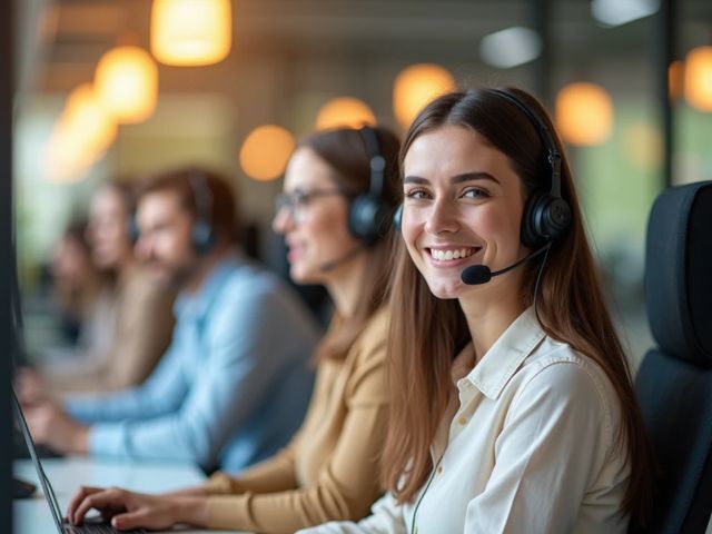 Oblique angle of a bright call center environment with helpful staff wearing headsets, smiling but not looking at the camera, warm colors, positive vibe, no text or signs