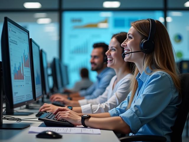 A bright and inviting call center environment with agents analyzing data on screens, smiling as they collaborate on improving customer service. In the background, charts and graphs depicting predictive analysis trends are visible.