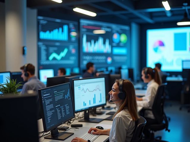 A panoramic view of a modern call center with agents smiling while working on their computers, surrounded by screens displaying data analytics and real-time monitoring graphs, bright and inviting atmosphere