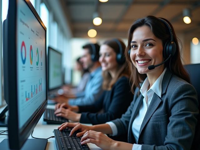 Aerial shot of a bright call center with employees in headsets, smiling but not looking at the camera, screens showing analytics dashboards, positive vibe, no text or signs