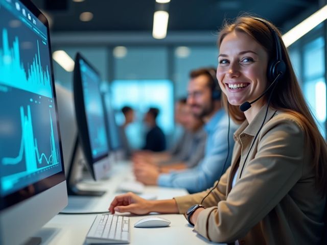 Eye-level shot of a bright, modern call center with smiling agents wearing headsets, not looking at the camera, abstract data visuals on screens in the background, positive atmosphere