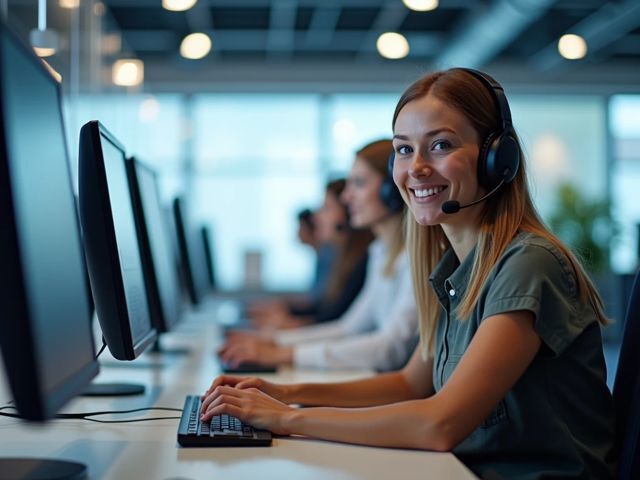 Point-of-view shot inside a bright modern call center, with a few smiling agents wearing headsets focusing on real-time data dashboards, positive atmosphere, no text or signs, nobody looking at the camera