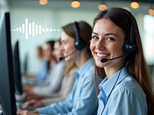 Smiling call center agents wearing headsets in a bright modern workspace, swirling sound waves representing data, positive vibe, no text, Dutch angle