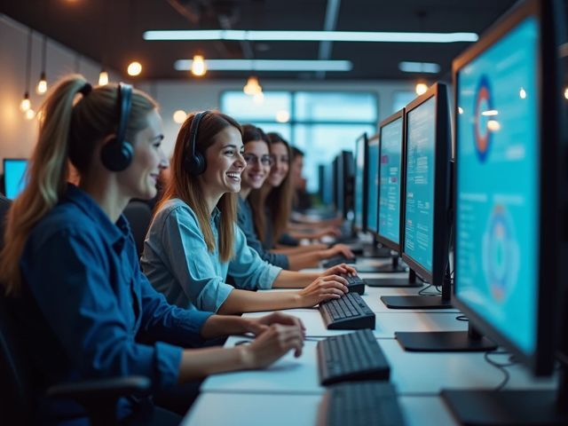 Wide-angle shot of a modern call center with multiple computer monitors showing analytics data, a few smiling team members collaborating and not looking at the camera, bright and positive ambiance