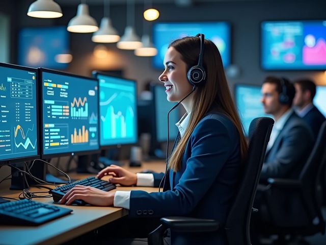 High-angle shot of a call center with agents at their desks, smiling and engaged in conversations, surrounded by screens displaying colorful graphs and data visuals