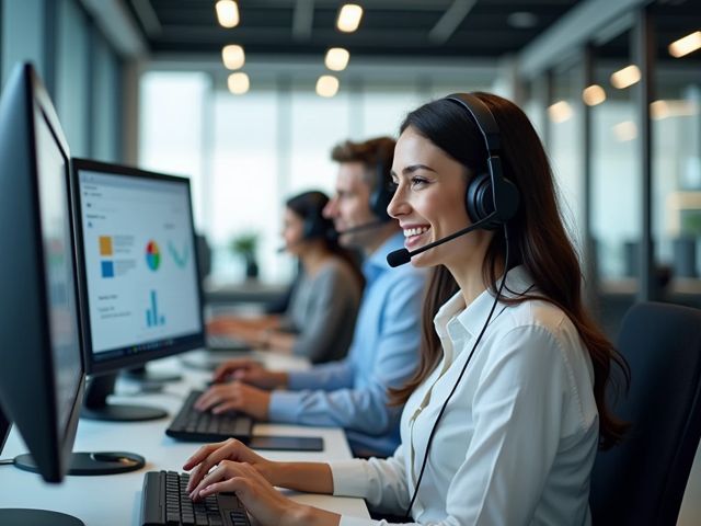Modern call center environment with agents using advanced headsets, surrounded by sleek computer screens displaying analytics, in a bright and organized office setting, agents collaborating and smiling, long shot view