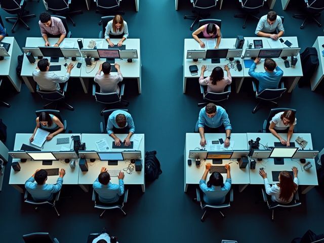 Overhead view of a busy call center with agents at desks, engaged in conversations, surrounded by computer screens and headsets, creating a dynamic environment of collaboration and communication