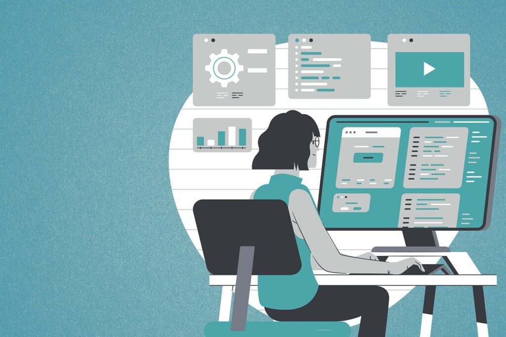 Customer intelligence center, animation of woman in front of screen with graphs
