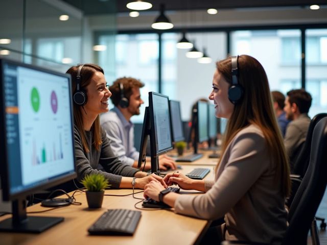 A bright and inviting call center environment with agents engaging in discussions, analyzing performance data on screens, and celebrating small wins. The atmosphere is positive and collaborative, with agents smiling and focused on their tasks.