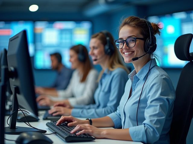 A panoramic view of a modern call center with human agents assisting customers and virtual agents represented by digital screens, both working harmoniously. The atmosphere is bright and positive, with smiling agents engaging in their tasks, surrounded by technology and communication tools. call center quality assurance