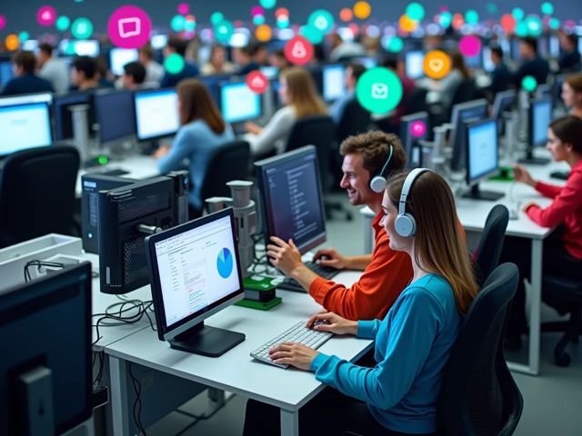 Aerial view of a modern call center with vibrant workstations, showcasing agents collaborating and smiling while analyzing data on screens, surrounded by colorful communication icons representing various channels like chat, social media, and email.