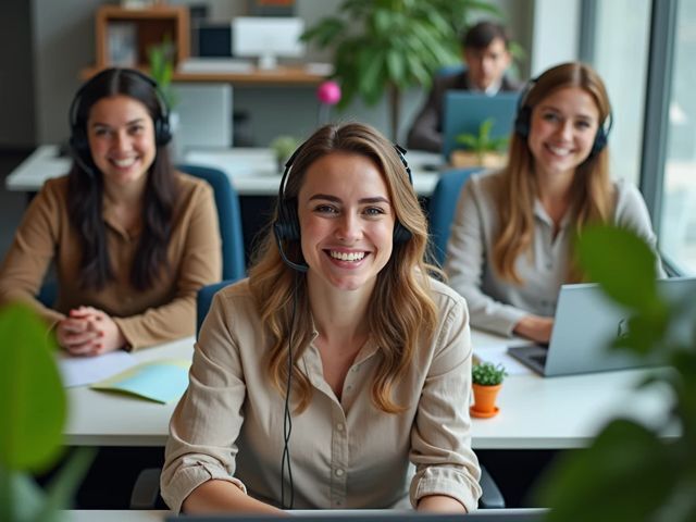 Overhead view of a modern call center quality assurance with agents smiling while engaging with customers through headsets, surrounded by vibrant plants and colorful workstations, showcasing a collaborative and positive atmosphere.