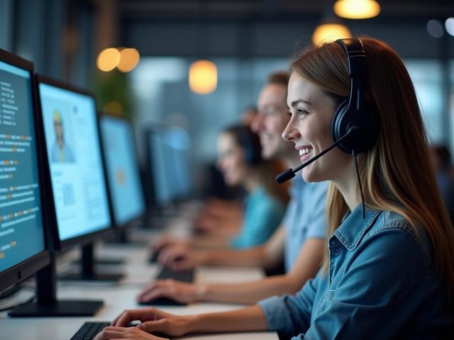 AI Side view of a modern call center with agents wearing headsets, smiling while assisting customers, with digital screens displaying conversation insights