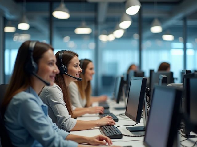 Dutch angle view of a modern call center environment with swirling phone lines and a bright, positive atmosphere. If people are present, they are smiling and not looking at the camera. No text or signs.