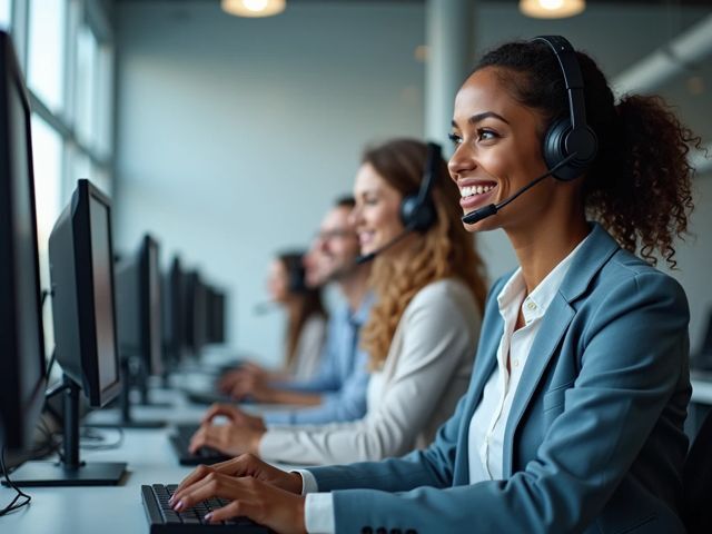 High-angle shot of a bright, modern call center with advanced phone systems, screens, and smiling agents working together, positive vibe, no direct eye contact, no text
