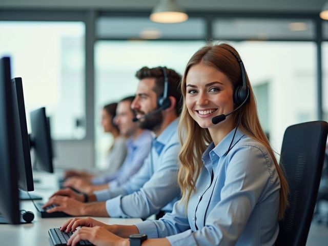Modern call center environment at eye-level, bright and positive, multiple phone lines, employees wearing headsets, smiling, not looking at the camera