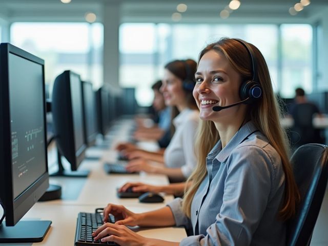 Wide-angle shot of a bright, modern call center with sleek computer setups, smiling agents collaborating, no text or signs, positive vibe