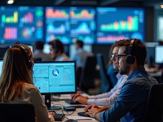 A bustling call center with agents engaged in lively conversations, surrounded by screens displaying colorful data charts, conveying a sense of teamwork and problem-solving