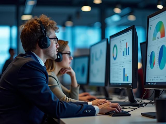 A call center office with focused workers analyzing charts and diagrams on computer screens, showing teamwork and collaboration, with a dynamic Dutch angle