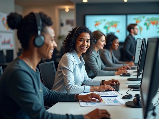 Aerial shot of a modern call center with a diverse team of smiling employees at their desks, analyzing data on computer screens, surrounded by graphs and charts, depicting a positive and collaborative work environment