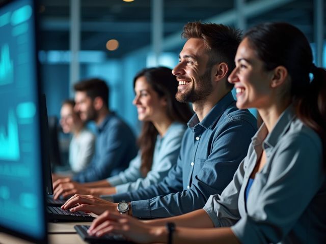 Close-up of a diverse group of call center agents in a modern office, reviewing quality assurance data on computer screens, smiling and engaged in a discussion, surrounded by glowing computer monitors displaying graphs and charts