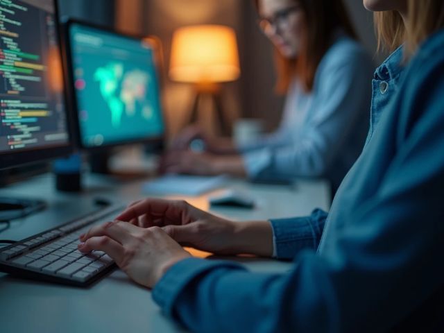 Extreme close-up of a call center agent's hand tagging a ticket on a computer screen, warm ambient lighting, positive and focused atmosphere