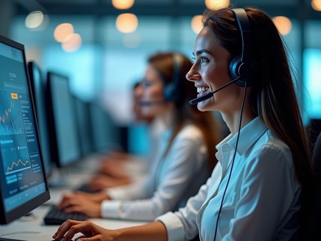 First-person view of a vibrant call center, agents with headsets smiling as they assist customers, screens displaying data insights, a sense of teamwork and efficiency