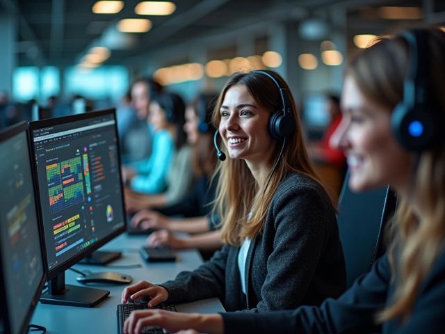 A bird's-eye view of a modern call center with agents at workstations, smiling while assisting customers, surrounded by data visualizations and charts on screens, warm lighting