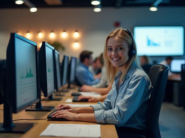 A long shot of a modern call center with workstations, monitors displaying graphs, and a warm, professional atmosphere. A few employees are smiling while working, not looking at the camera.