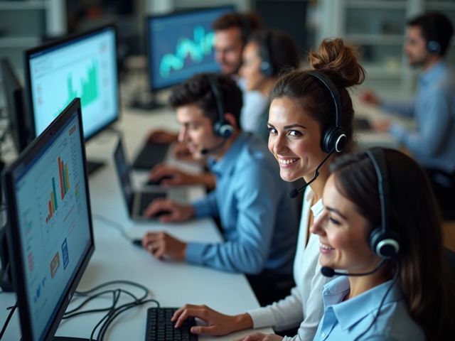 Overhead view of a modern call center with a small group of smiling agents wearing headsets, collaborating and reviewing colorful data charts on screens; they do not look at the camera, positive vibe, no text or signage