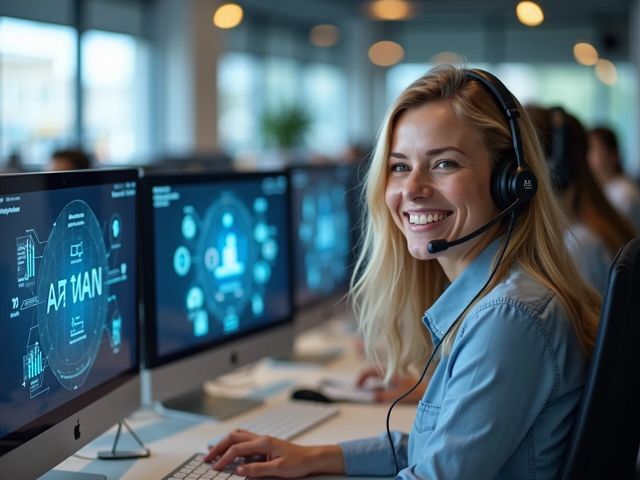 A modern call center with smiling agents working at computers, AI interface screens showing dynamic call scenarios, agents engaged in learning and collaboration, bright and organized workspace