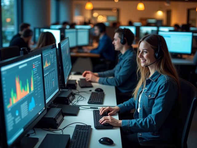 human and ai collaboration, Bird's-eye view of a modern call center with agents at desks, computer screens displaying data analytics, agents smiling and focused, a harmonious blend of technology and human interaction, warm lighting