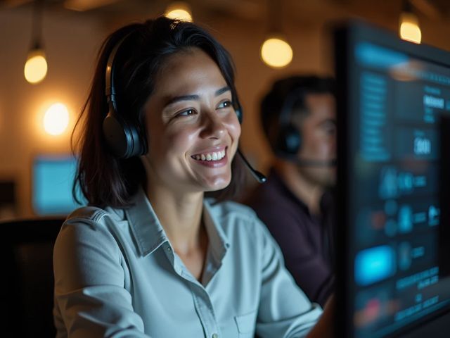 Close-up of a call center agent smiling while interacting with a digital interface, showing a harmonious blend of technology and human empathy. The agent is focused on the screen, with warm lighting creating a comforting atmosphere.