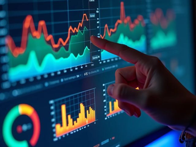 Extreme close-up of a computer screen displaying colorful analytics graphs and charts, with a focus on vibrant data patterns and a hand gently interacting with the screen