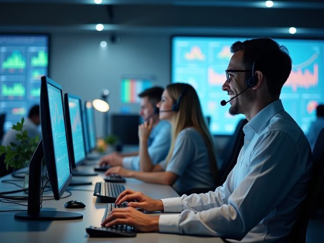 A side view of a modern call center with smiling agents engaged in conversations, surrounded by digital displays showing graphs and metrics, creating a positive and efficient atmosphere