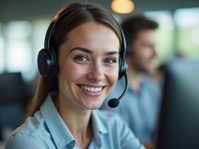 Extreme close-up of a call center headset, soft focus on a smiling person in the background, positive atmosphere, no text or signs, no direct camera gaze