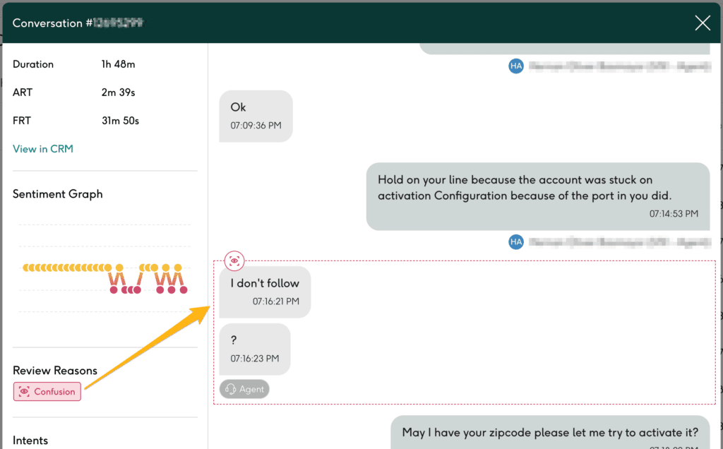 Application screen with graph visualization and customer-agent transcript