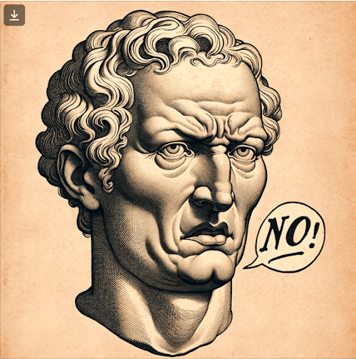Conversation summarization. Bust of classical figure saying No!