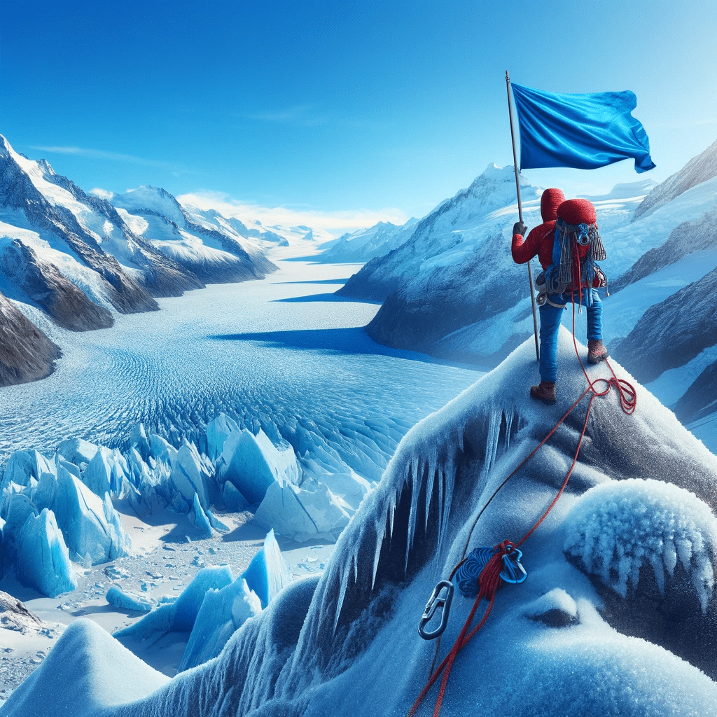 A-hiker-in-outdoor-gear-is-climbing-an-icy-mountain.-The-scene-shows-a-breathtaking-icy-landscape-with-a-clear-blue-sky