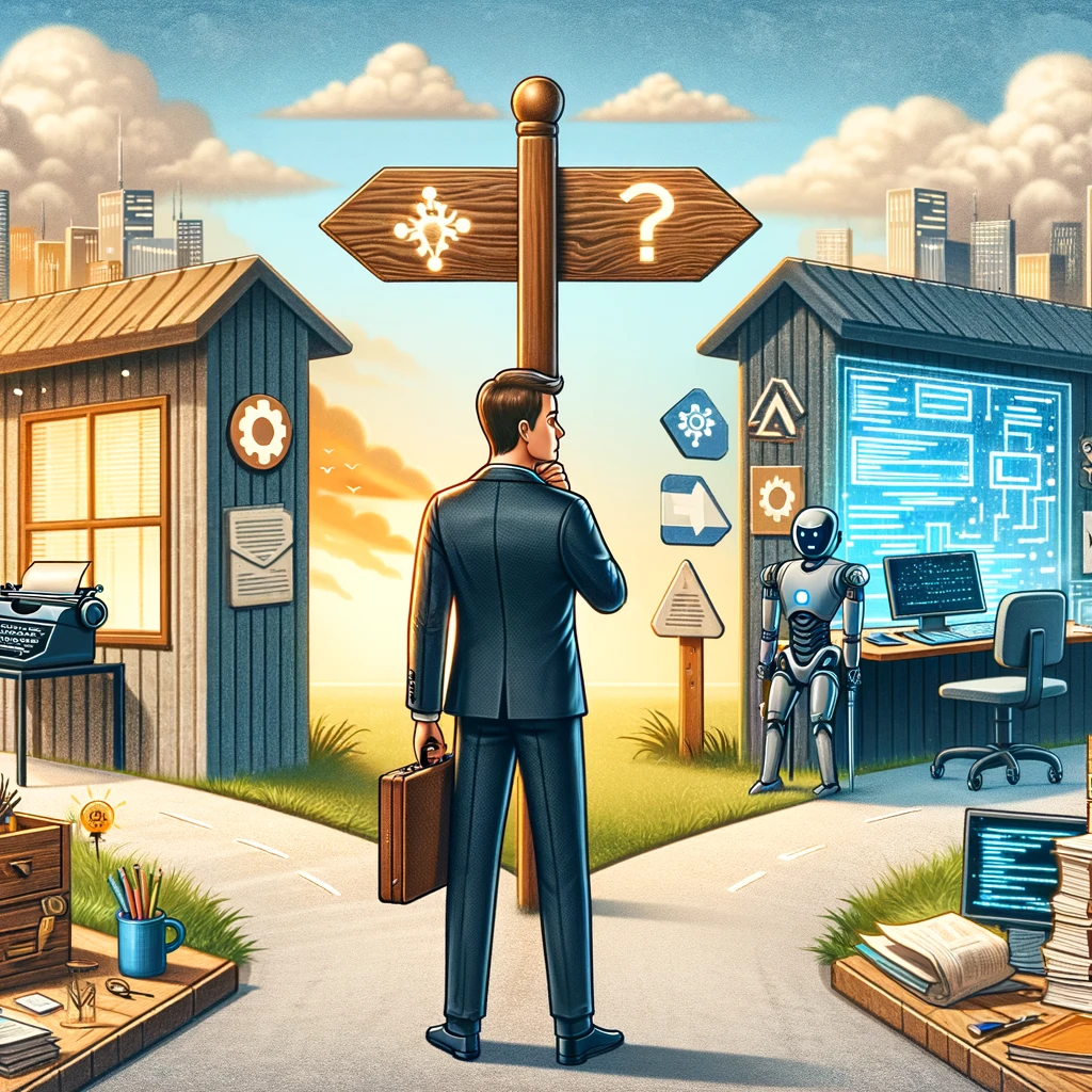 DALL·E 2024-02-05 14.39.40 - A professional standing at a crossroads, looking puzzled. On one side, a path leads to an old-fashioned office filled with paper files, a typewriter,