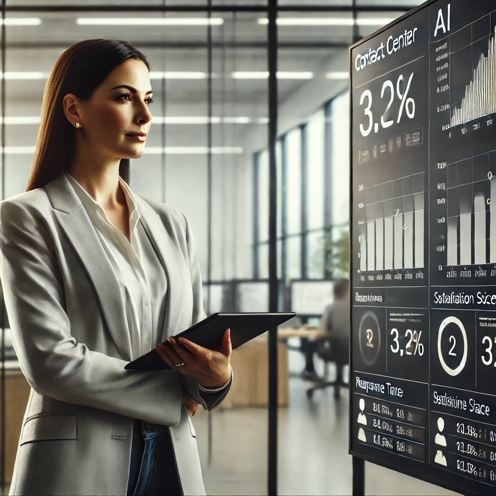 balancing ai agents, female contact center leader standing in a modern office thoughtfully looking at a large dashboard