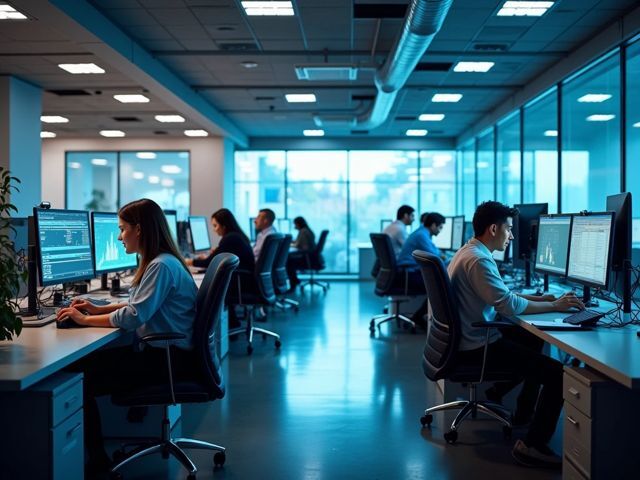 Cost Per call. Panoramic shot of a bright and modern call center with operators working at desks, screens displaying data, and a lively, collaborative atmosphere