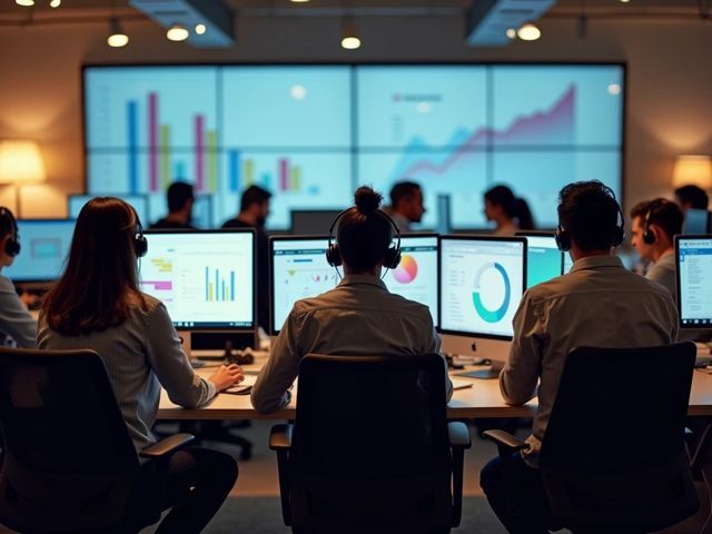 DSAT Rear view of a diverse group of call center professionals at their desks, surrounded by a warm and collaborative atmosphere, with computer screens displaying graphs and charts