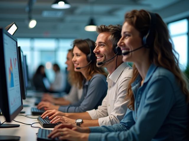 A diverse group of call center agents working together harmoniously, with computer screens displaying graphs and data, all in a modern office setting