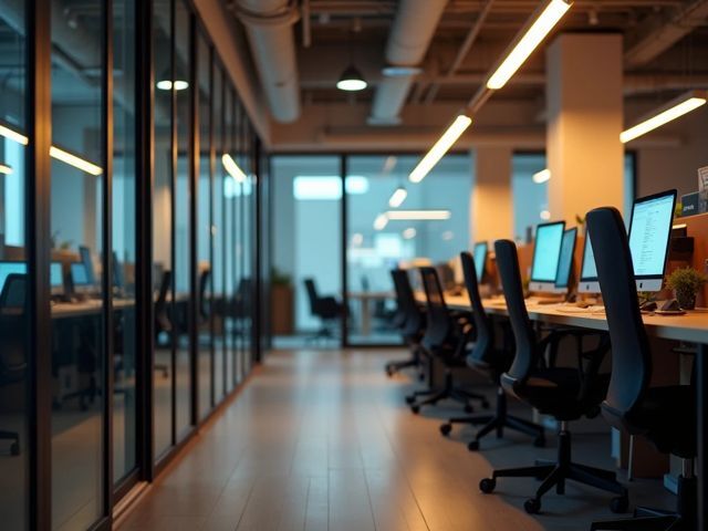 AI A tilted angle of a call center with empty desks, bright computer monitors, and a warm, inviting atmosphere. No people visible, clean and modern aesthetic.