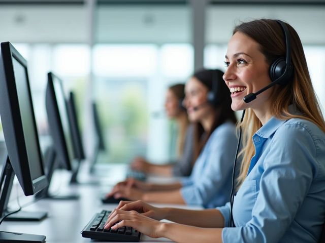 A bright modern call center with sleek phone setups, agents smiling while on calls in three-quarter view, no text or signage