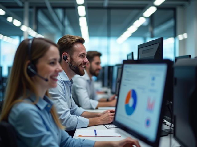 Bright, modern call center at eye-level shot with computer screens displaying colorful charts (no text), a few smiling agents collaborating, not looking at the camera, positive atmosphere
