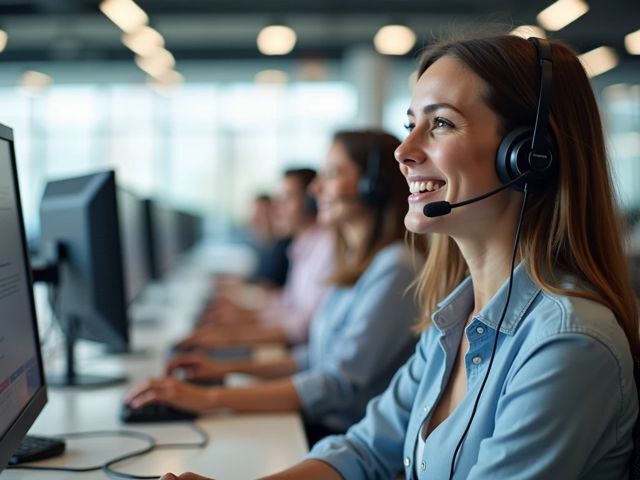 Long shot of a bright, modern call center floor with smiling support agents wearing headsets, looking away from the camera in a positive, well-lit environment