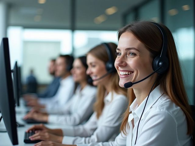 Long shot of a modern call center with employees wearing headsets, smiling and not looking at the camera, bright setting, sleek telephony equipment, no text or signage