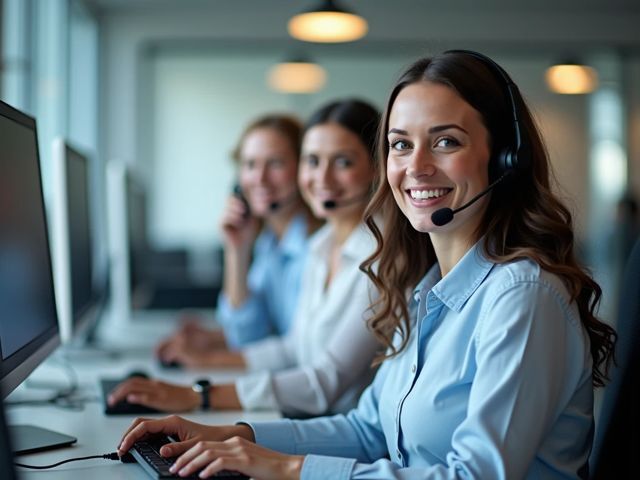 Low-angle shot of a bright, modern call center with integrated computer screens and phone systems; a few smiling agents collaborate without looking at the camera